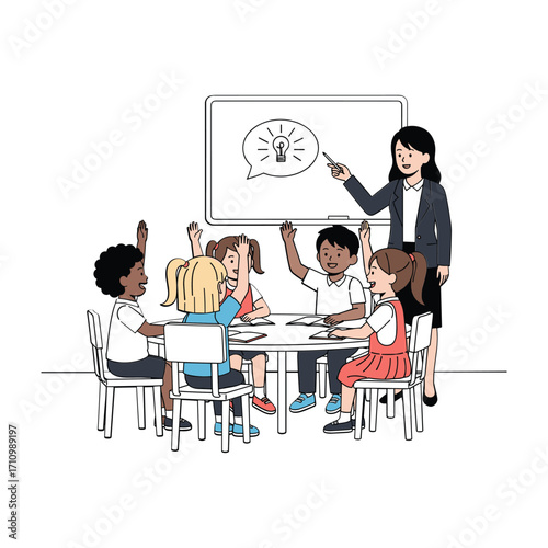 Teacher pointing at whiteboard with lightbulb idea symbol to engaged students raising hands in classroom