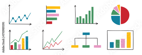 charts and graphs doodle hand drawn icon set. Different types of charts for business presentation. data and analytics diagram cartoon concept drawing