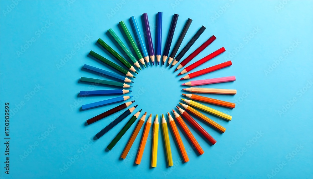 Obraz premium A vibrant circle of colored pencils, arranged radially on a light azure background, showcases a spectrum of hues, creating a cheerful and artistic display.