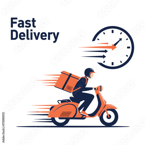 Orange scooter delivery person with large orange insulated bag and clock with motion lines helmet