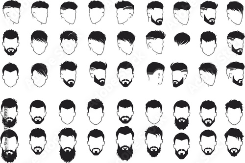 Collection of Male Hairstyles and Beard Styles, Vector Set, Various Haircuts, Side and Front Views for Graphic Design Projects