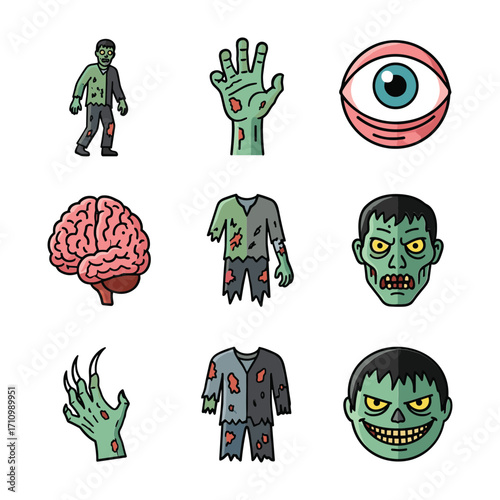 Cartoon zombie elements including full body figures heads hands brain and eye monster horror