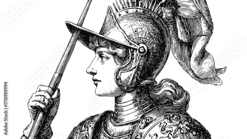 Engraved Female Warrior Vector Illustration with Antique Vibe