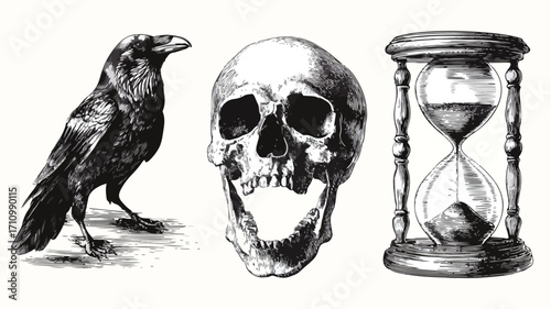 Detailed Engraved Illustration Set of Crow Skull and Hourglass