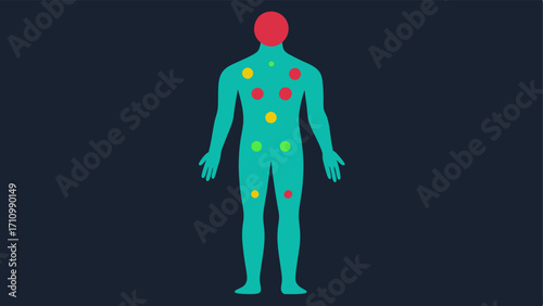 Chronic Condition Detections A fullbody scan with colored markers pinpointing potential areas of chronic conditions like arthritis and diabetes contrasted against healthy tissue