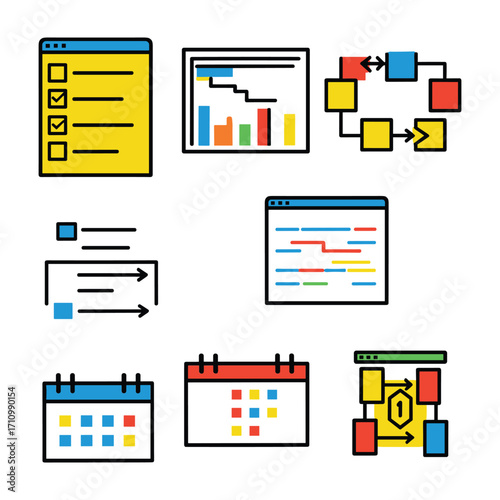 Collection of colorful flat icons representing business and project management tasks checklist to do list