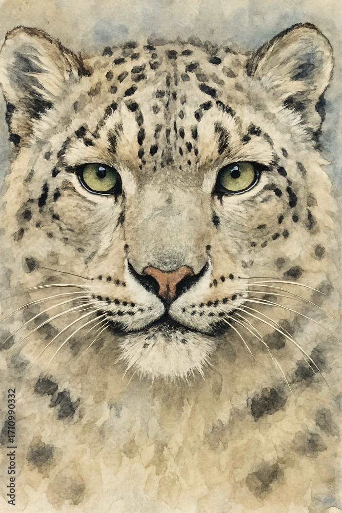 Naklejka premium Snow leopard face with green eyes watercolor