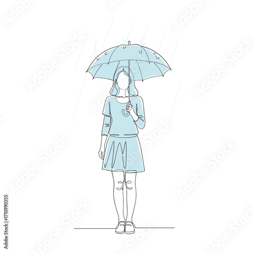 Single line drawing of a woman holding a light blue umbrella in the rain minimalist