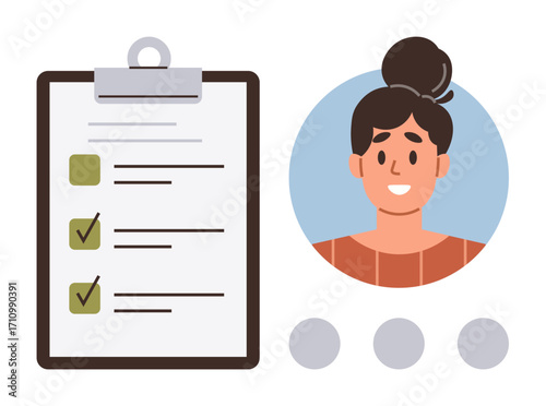 Smiling woman portrait beside clipboard with checklist, completed tasks marked. Ideal for productivity, task management, planning, goal setting, organization, self-improvement motivation. Minimalist