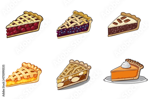 Assorted Pie Slice Vector Set — Cherry, Blueberry, Pecan, Custard, Apple, and Pumpkin Dessert Illustrations