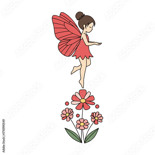 Cartoon fairy with red wings hovering over pink and red flowers and green leaves illustration fantasy