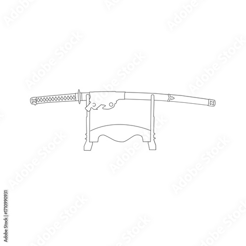 A simple, clean line drawing of a katana sword resting on a stand.