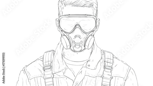 Professional Factory Worker Outline Vector Illustration with Industrial Machines