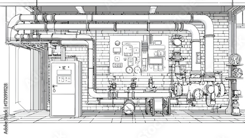 Industrial Factory Interior with Pipes and Control Panel