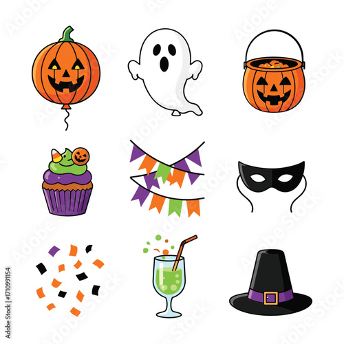 Halloween icons pumpkin ghost candy bucket cupcake mask bunting confetti drink and witch hat jack o lantern