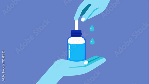 Exosome Serum Dropper Illustrate a hand holding a dropper bottle with a glowing light blue exosome serum dripping downwards symbolizing nourishing treatment for skin.