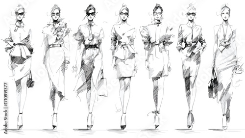Chic Fashion Models Sketch White Vector Illustration