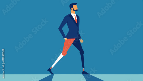 Empowered Stride A model with a prosthetic leg confidently striding down the runway in a tailored suit embodying empowerment and style.