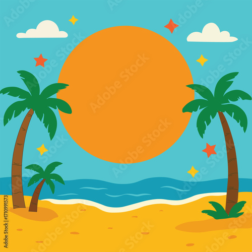Beach landscape illustration with sun and coconut tree
