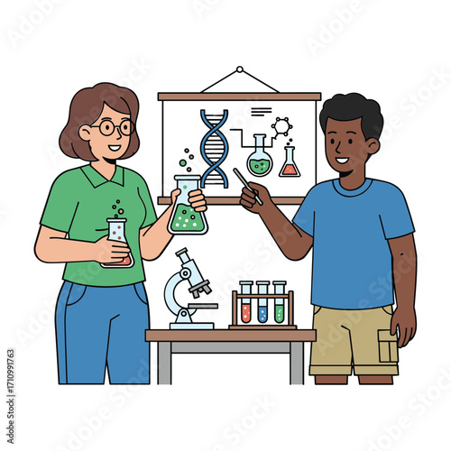 Woman and boy in science lab with D N A and test tubes laboratory education