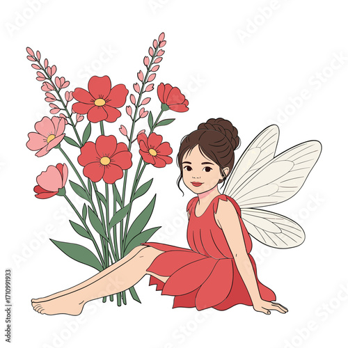 Cartoon fairy girl with brown hair in red dress sitting by pink and red flowers woman illustration