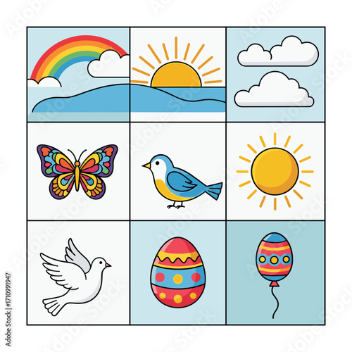 Colorful cartoon icons of nature and celebration objects arranged in a grid rainbow clouds
