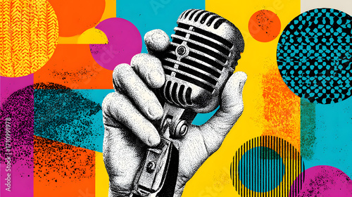 Colorful hand-painted vector illustration of a retro-style microphone with vibrant musical notes