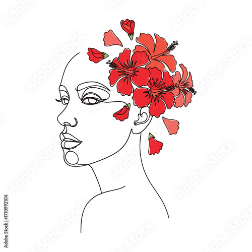 Woman profile with red hibiscus flowers and petals in hair face head