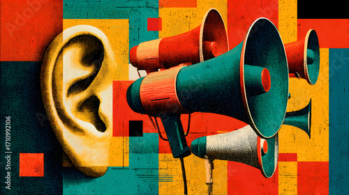 An old-fashioned radio and wooden toy train stand as icons of old-fashioned communication and music equipment