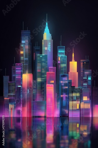 Futuristic city skyline at night, illuminated with vibrant neon colors, reflecting on water, showcasing modern architecture and a dynamic urban atmosphere