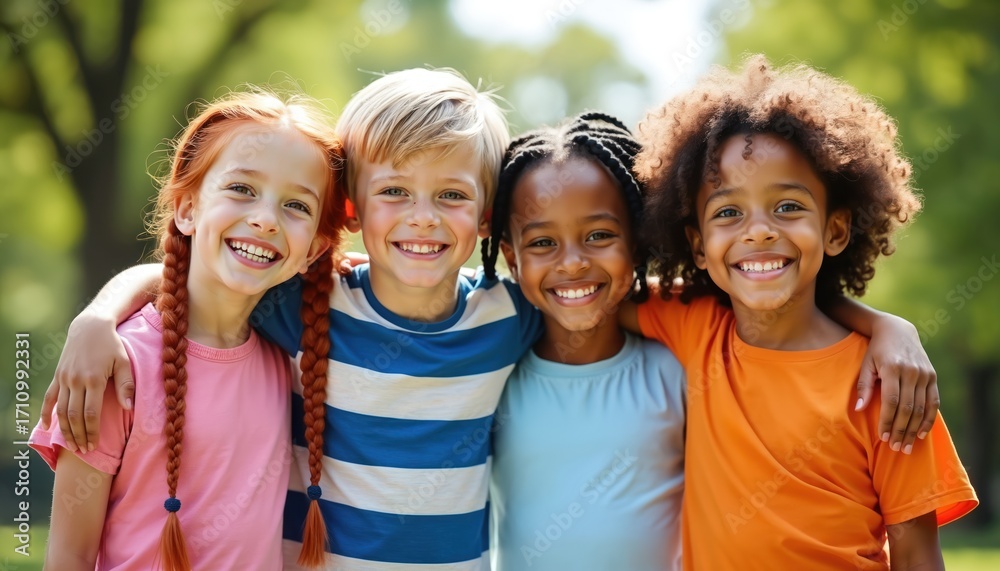 Fototapeta premium Four happy diverse kids smile together with arms around shoulders outdoors. Children friends share joy, hug each other. Youngsters enjoy sunny day in park. Childhood fun, togetherness, bonding.