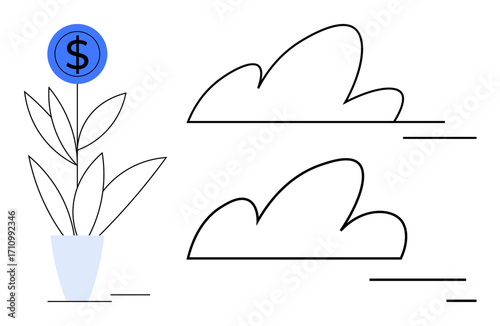 Potted plant with coin as flower and two minimalist clouds suggest financial growth, prosperity, innovation. Ideal for business, investment, finance, strategy, growth, inspiration simple landing