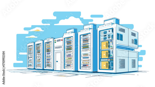 Modern Flat Vector Data Center with Server Racks and Cooling System