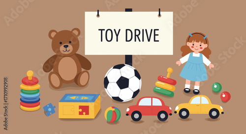  Toys for toy drive on brown background  