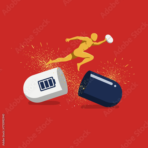 Conceptual illustration of athlete jumping out of giant capsule  
