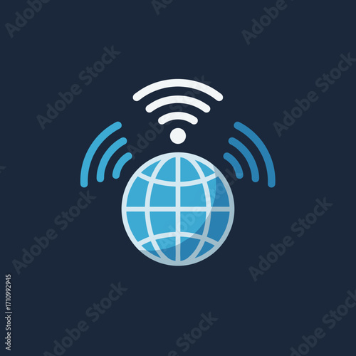 Globe with wireless signal icon in flat design  