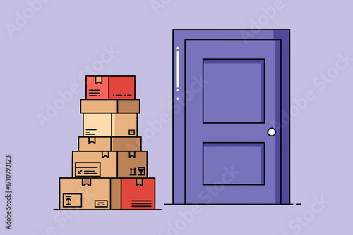 Stacked cardboard boxes next to a purple door on pastel background  