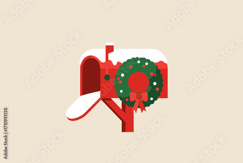 Red mailbox decorated with Christmas wreath and snow on top  