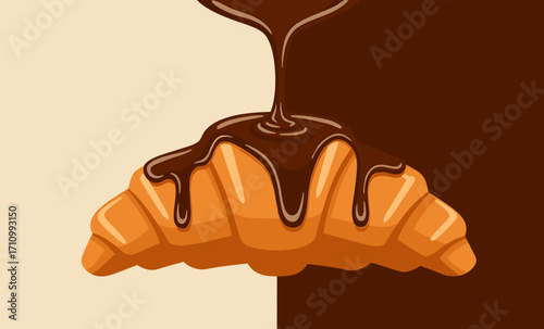 Croissant drizzled with chocolate on contrasting background  