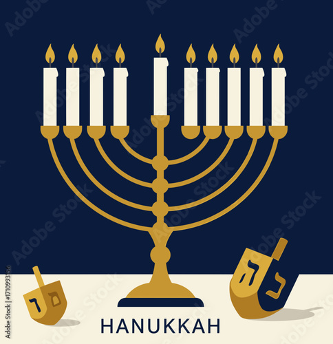 Hanukkah menorah with candles and dreidels on festive background  