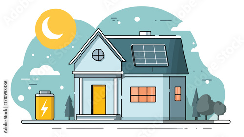 Modern Flat Vector House at Night Utilizing Solar-Stored Energy