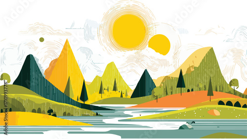 Mountain Landscape with Stylish Sun Vector Illustration