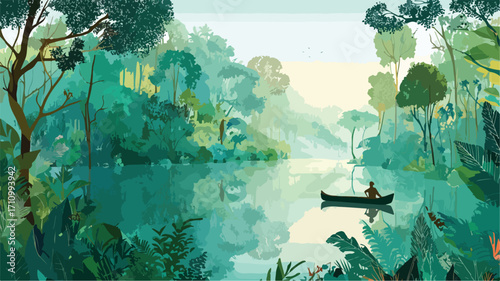 Serene Rainforest River Panorama with Lush Greenery and Flowing Water
