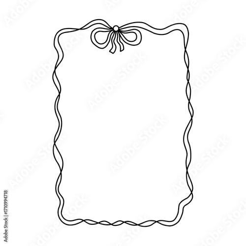 Elegant wavy frame with ribbon bow in coquette style. Hand-drawn decorative border for digital planners, notes, cards, scrapbooking, or social media. Cute and girly design. Isolated on white