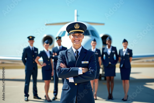Airline pilot in uniform standing with cabin crew outdoors near airplane.