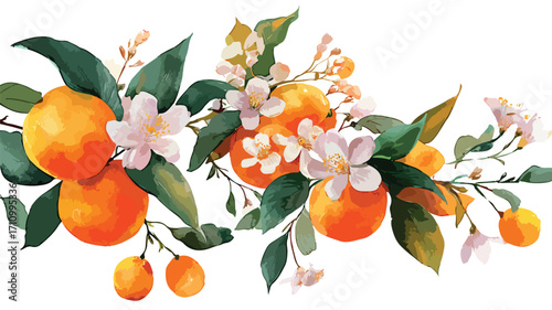 Vibrant Orange Branches with Fresh Oranges and Blooming Flowers