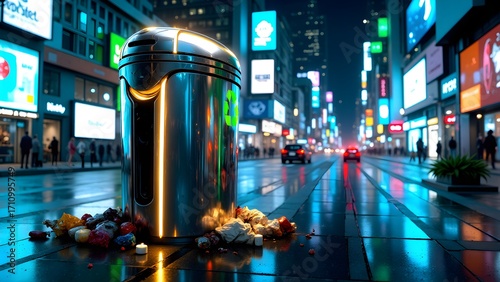 Hi-tech futuristic city ruined by non Civic Sense Citizens spilled garbage and litter on the street inspite of having a public dustbin. Concept for clean city and eco-friendly urban lifestyle.