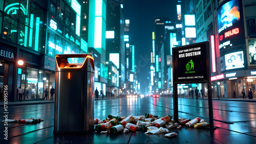 Hi-tech futuristic city ruined by non Civic Sense Citizens spilled garbage and litter on the street inspite of having a public dustbin. Concept for clean city and eco-friendly urban lifestyle.