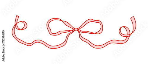 Coquette whimsical pink bow with flowing curly ribbon and red outline. Feminine romantic design for Valentines Day, Christmas, cards, packaging, scrapbooking, invitations, and branding.