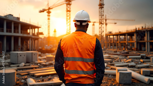 Construction Worker in Safety Vest and Helmet Overlooking Building Site with Cranes at Sunset – Engineering, Architecture, and Infrastructure Industry Concept